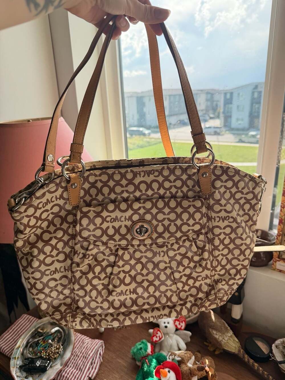 Coach Signature Optic Poppy Tote Shoulder Bag Khaki Brown